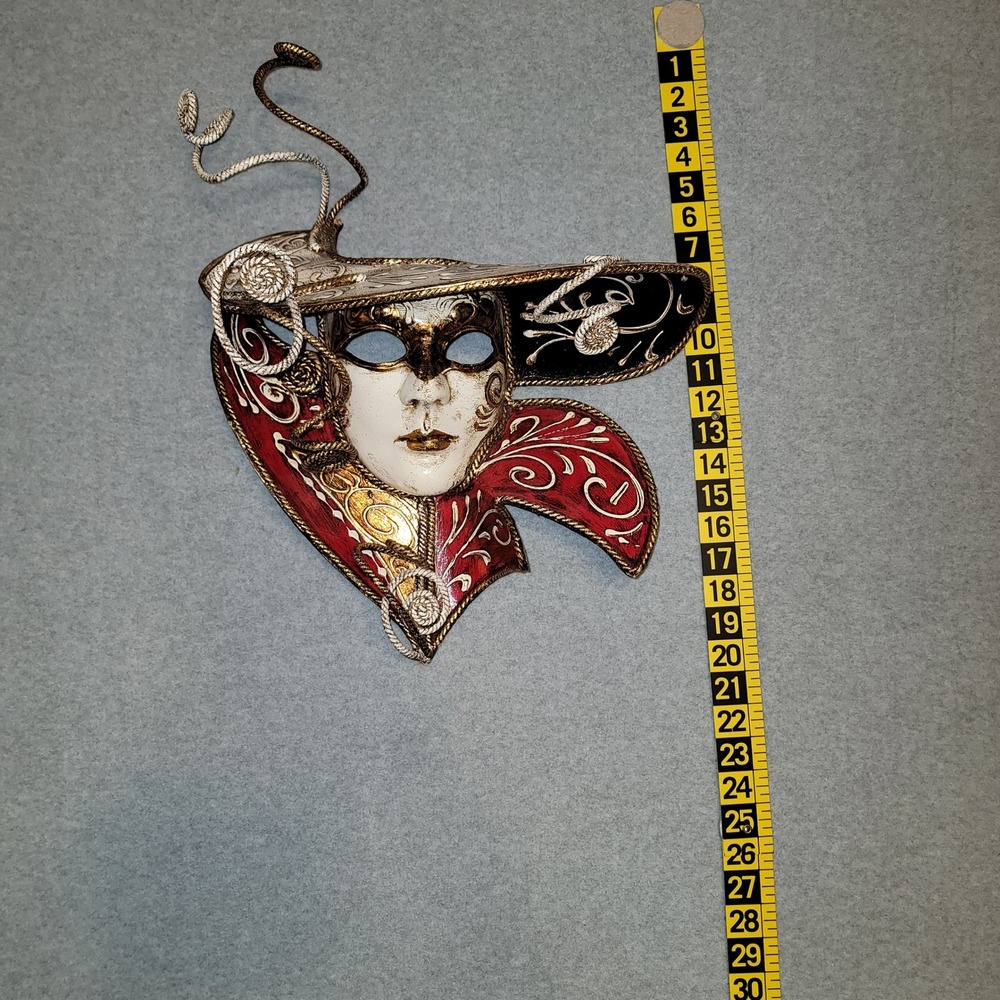 Venetian Masquerade Mask Hand Painted Gold Red Black Carnival Wall Decor - Picture 7 of 8